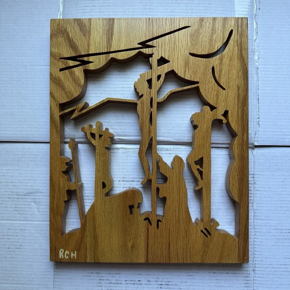 VTG Wooden Wall Hanging Laser Cut Out Folk Art Religious Scene MCM